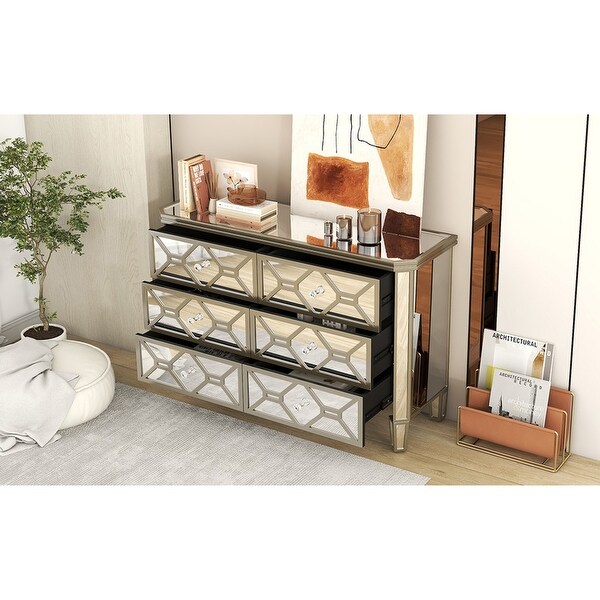 Elegant Mirrored 6-Drawer Dresser with Golden Lines Storage Cabinet - - 37857287