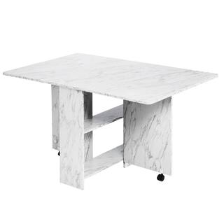 Dinaza 55.1 in. Rectangle White Marble Wood Folding Dining Table Drop Leaf Table with 2-Tier Racks with Wheels (Seats 6) POA6809144