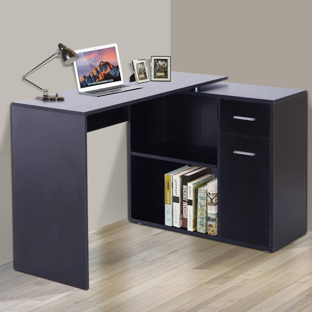 HOMCOM 46 in. L-Shaped Black Writing Computer Desk with Storage Shelves and Cabinet 836-073V80BK