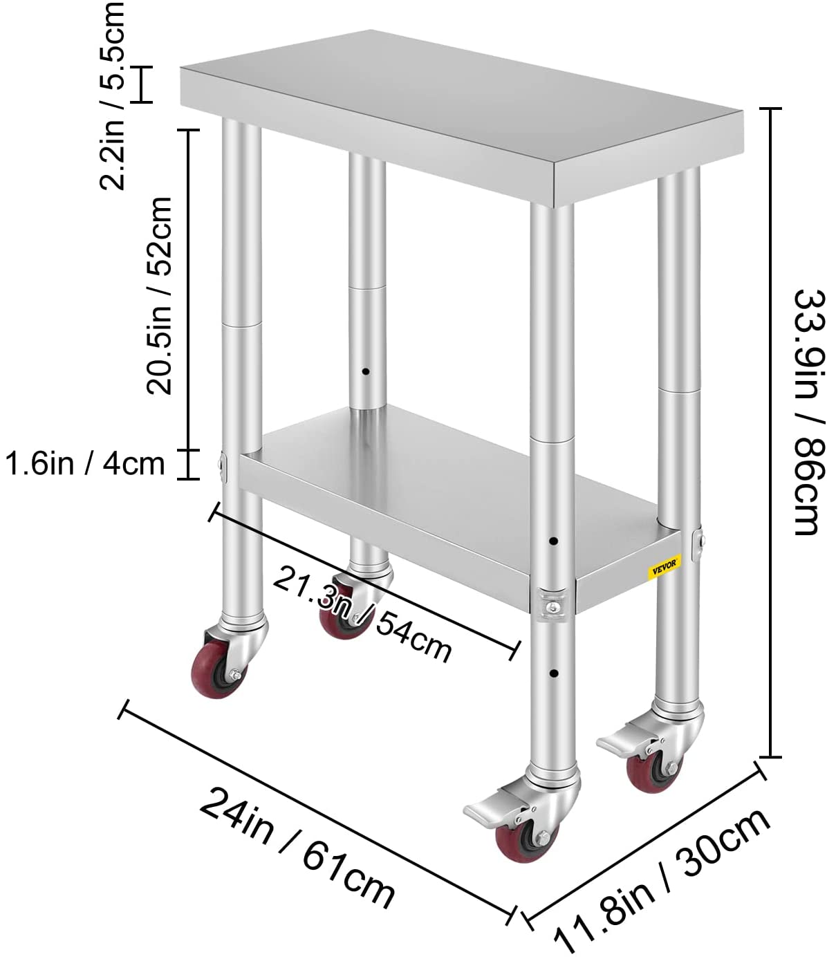 VEVORbrand Stainless-Steel Work Table 24 x 12 Inches with 4 Wheels for Commercial Kitchen Restaurant