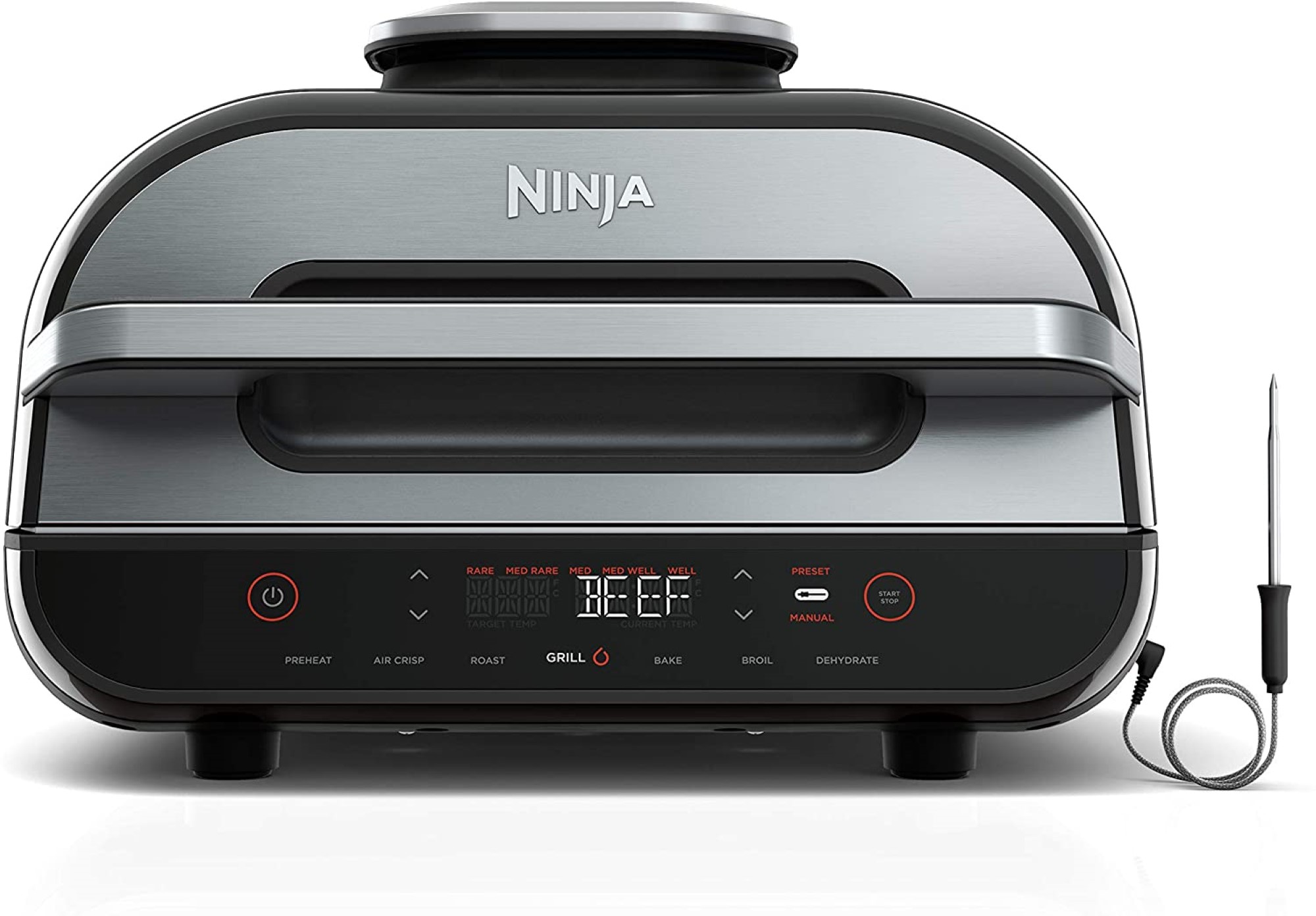 Ninja FG551 Foodi Smart XL 6-in-1 Indoor Grill with 4-Quart Air Fryer Roast Bake Dehydrate Broil and Leave-in Thermometer， with Extra Large Capacity， and a stainless steel Finish