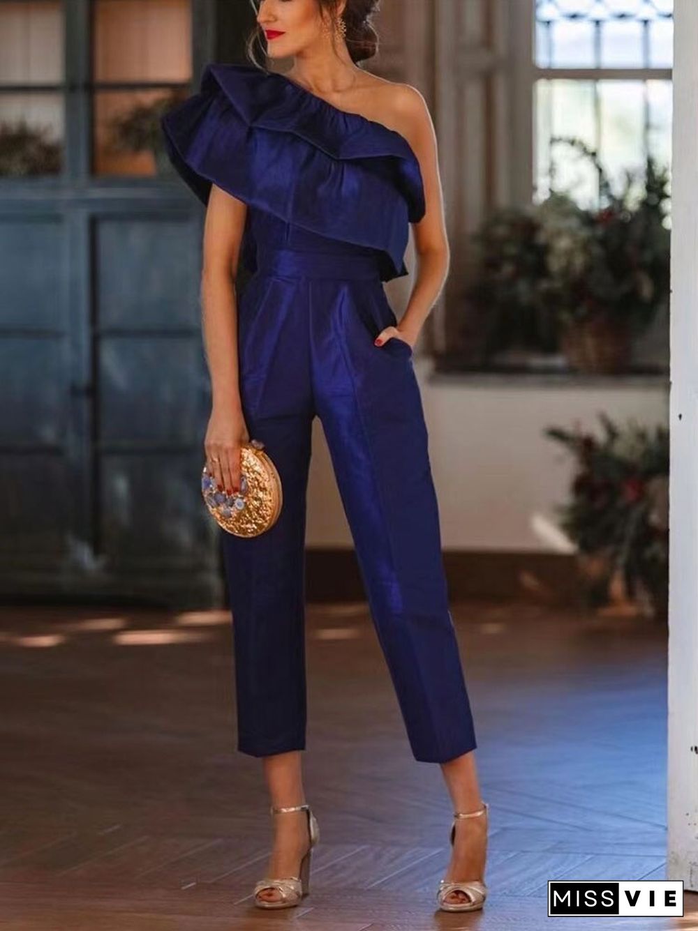 Women Ruffles Sleeveless Jumpsuits Off Shoulder Pencil Pants Rompers Ol Lady Solid Party Streetwear Rompers Slash Neck Jumpsuit