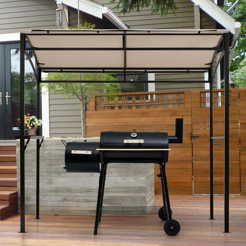 7 x 4.5 FT Outdoor Patio Grill Gazebo, Curved Grill Shelter BBQ Canopy with Serving Shelf & Storage Hooks