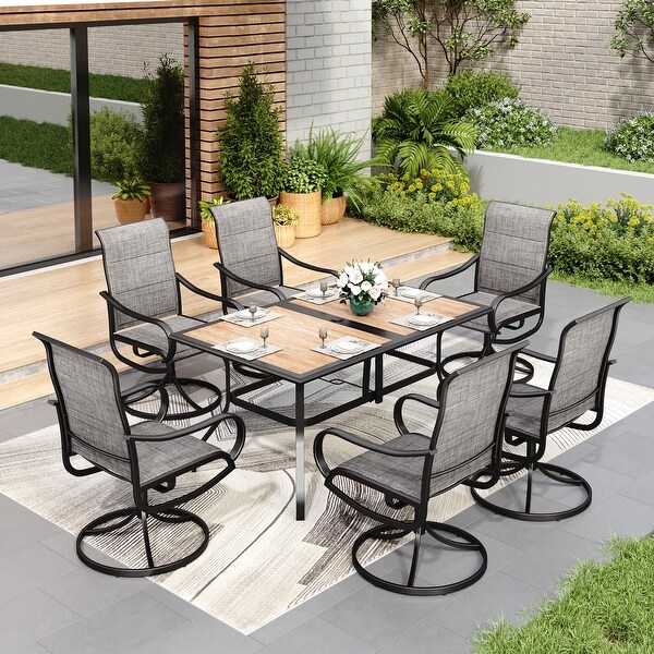 MAISON ARTS 7 PCS Outdoor Patio Dining Set with High Back Padded Swivel Chair and a Wood Grain Table with Umbrella Hole