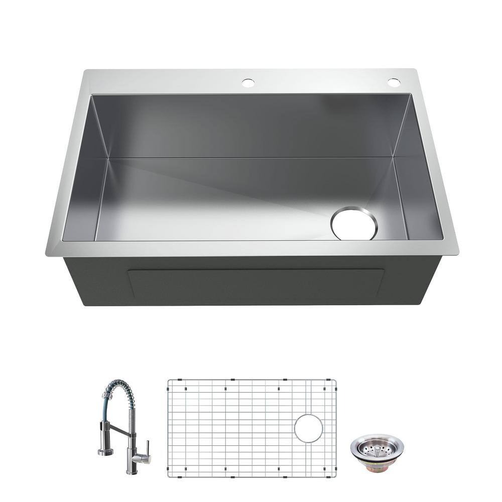 Glacier Bay Professional 36 in. All in One Drop-In 16G Stainless Steel 2-Hole Single Bowl Kitchen Sink with Spring Neck Faucet FSDZ3622A1SA1