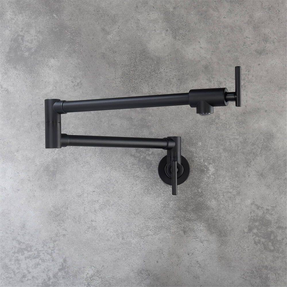 FLG Wall Mounted Pot Filler Double Handle Kitchen Faucet Modern Countertop Retractable 1 Hole Commercial Tap in Matte Black DD-0004-MB