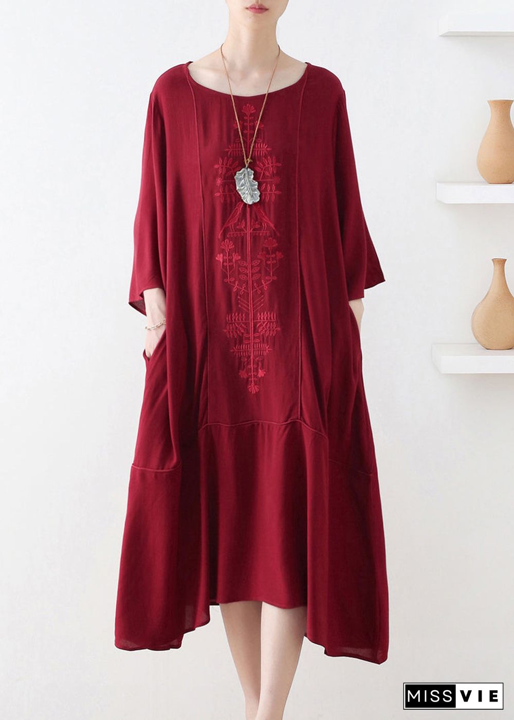 Natural Red O-Neck Print Draping Long Dress Fall