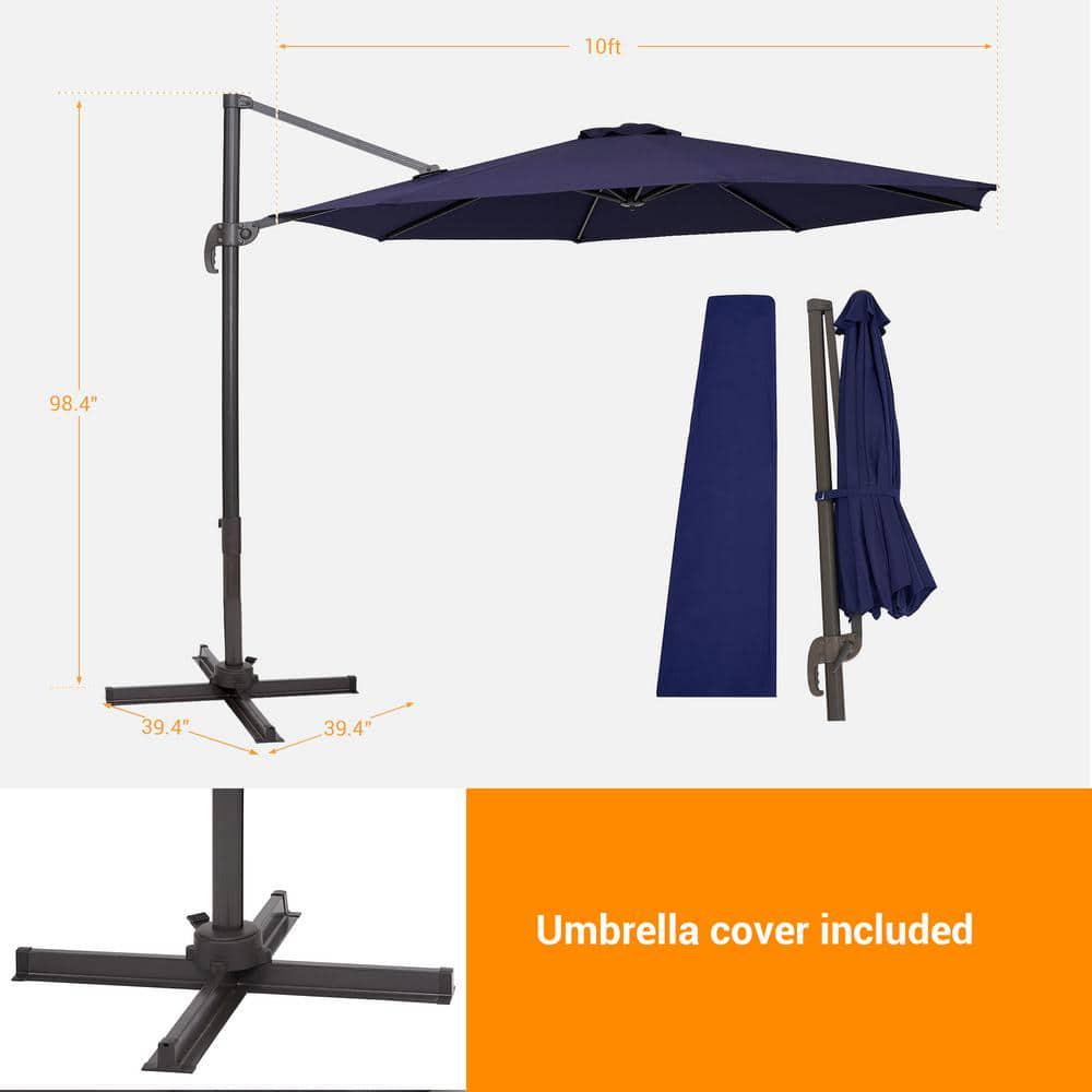 JOYESERY 10 ft Cantilever Patio Umbrella with Cross Base Outdoor Offset Hanging 360Degree in Navy Blue