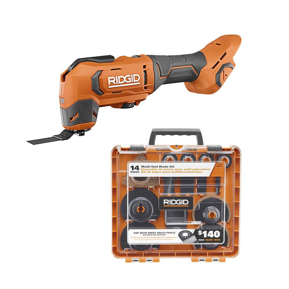 RIDGID 18V Cordless Oscillating Multi-Tool (Tool Only) with 14-Piece Oscillating Multi-Tool Blade Accessory Kit R86241B-AC24J14