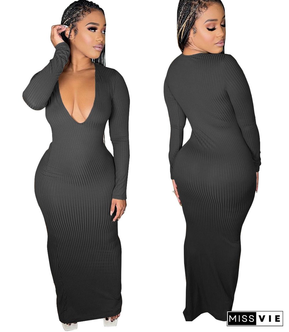 Solid V Neck Long Sleeves Bodycon Knitted Dress