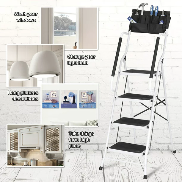 NSdirect Folding 4 Step Home Improvement Ladder， Portable Step Stool with Safety Handrails Non-Slip Wide Pedal