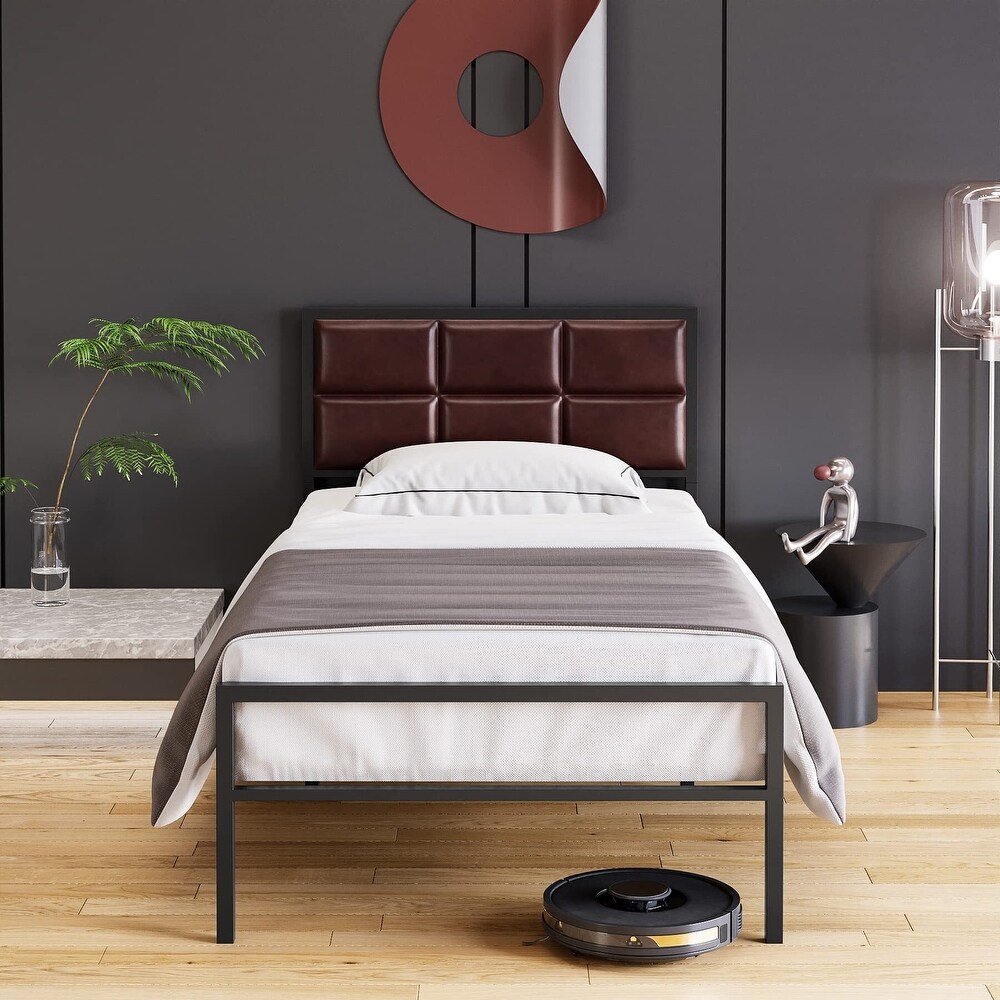 Faux Leather Platform Bed Frame with Upholstered Square Stitched Headboard