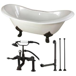 Aqua Eden Double Slipper 72 in. Cast Iron Clawfoot Bathtub in White and Faucet Combo in Oil Rubbed Bronze YKCT7D7231C5