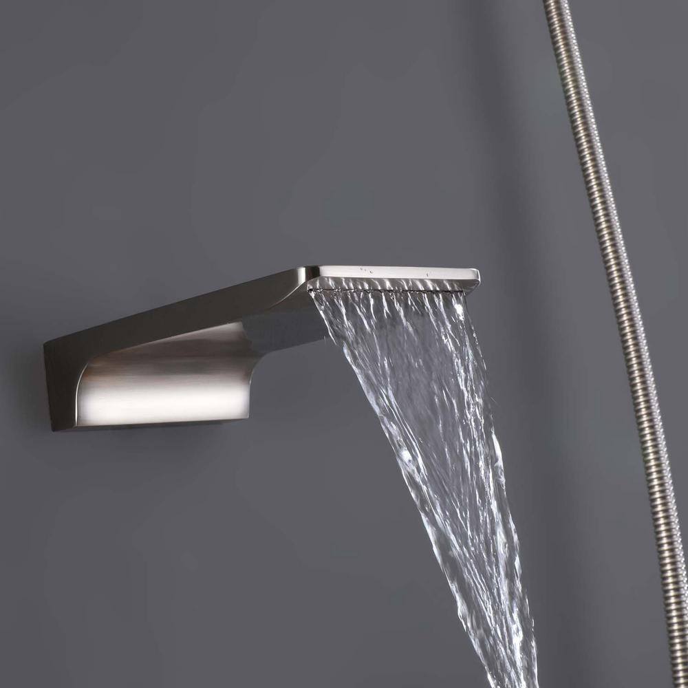 GIVING TREE 2-Spray 10 in. Square Rain Shower Head with Hand Shower and Waterfall Tub Faucet in Brushed Nickel (Valve Included) HDYN-MM0027