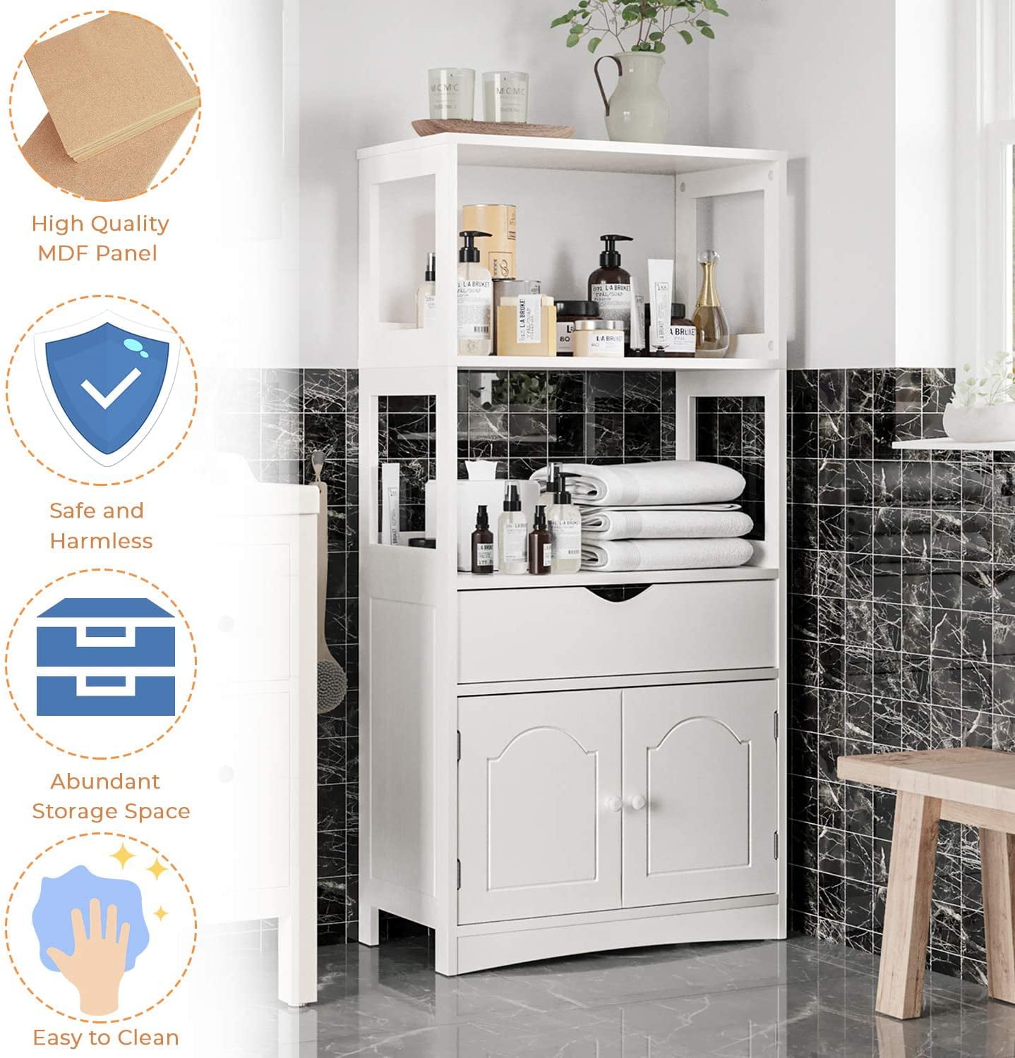 White Sideboard Storage Cabinets for Kitchen with Drawer， Pantry Storage Cabinet with Microwave Space and 1 Cupboard