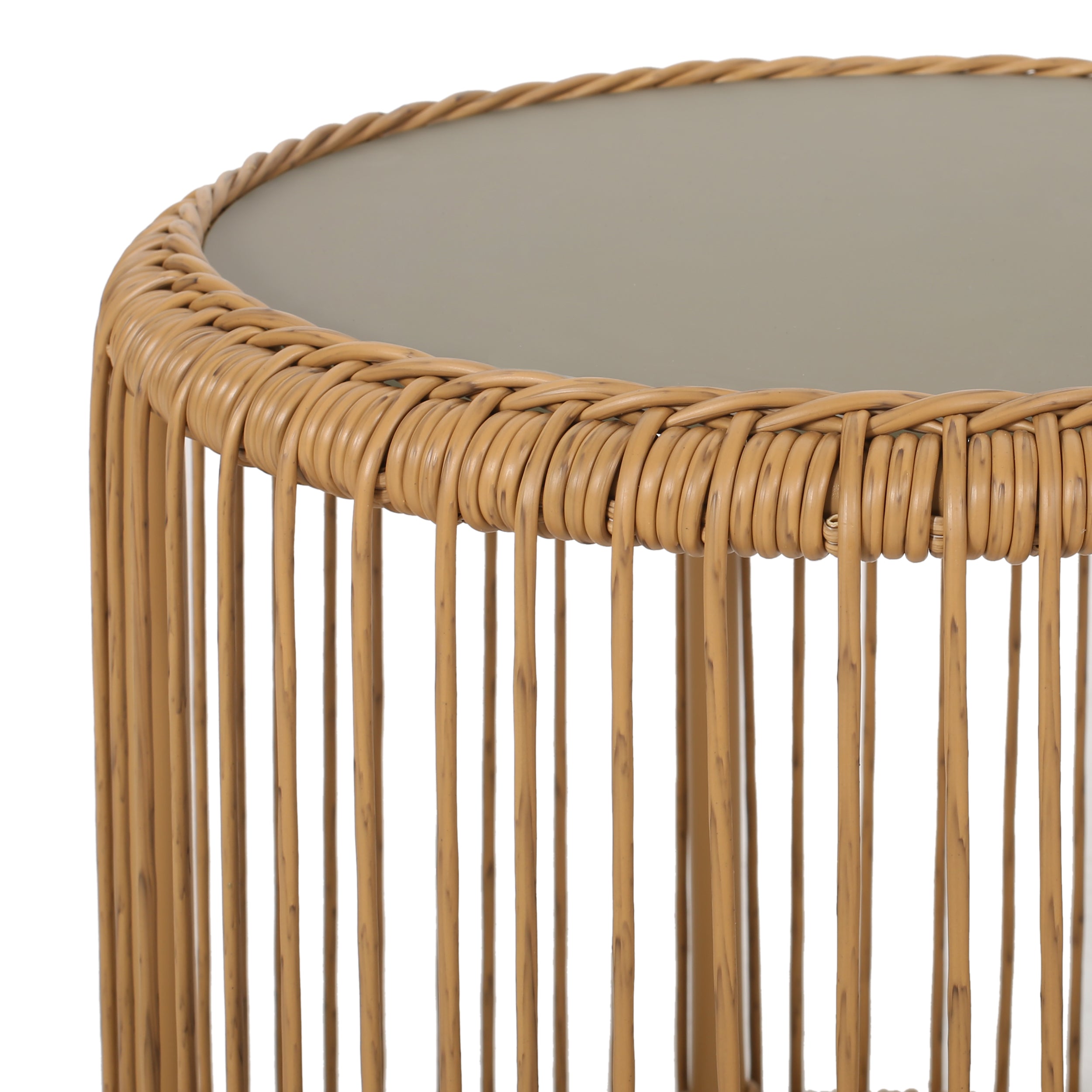 Averyrose Outdoor Wicker Side Table with Tempered Glass Top