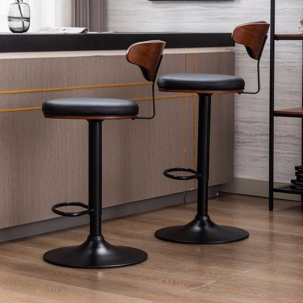 Walnut Bentwood Upholstered Swivel Adjustable Bar Stools (Set of 2)