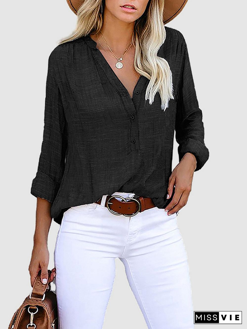 Long Sleeves Loose Buttoned Pockets Solid Color V-Neck Blouses&Shirts Tops