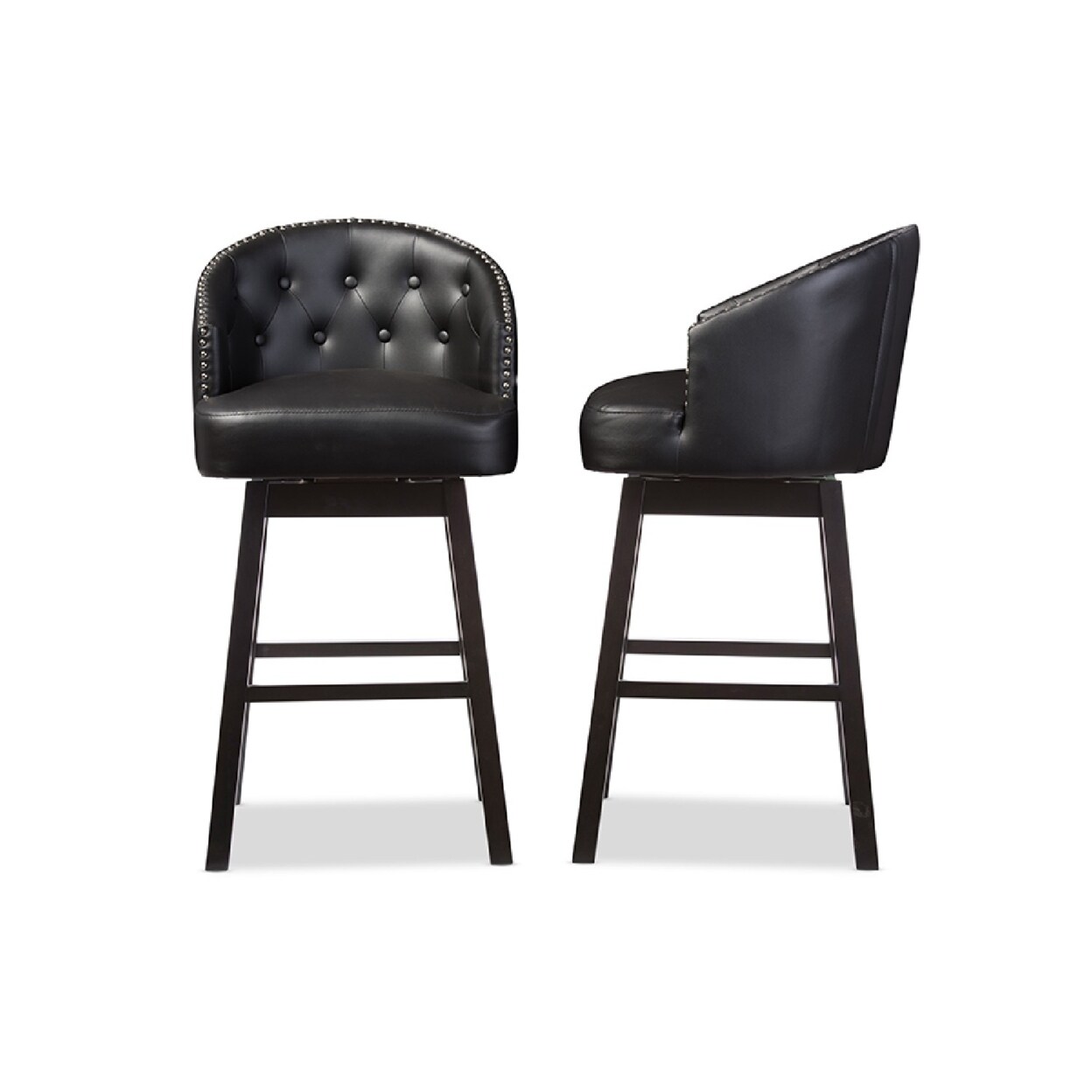 Baxton Studio Avril Modern and Contemporary Black Faux Leather Tufted Swivel Barstool with Nail heads Trim (Set of 2)