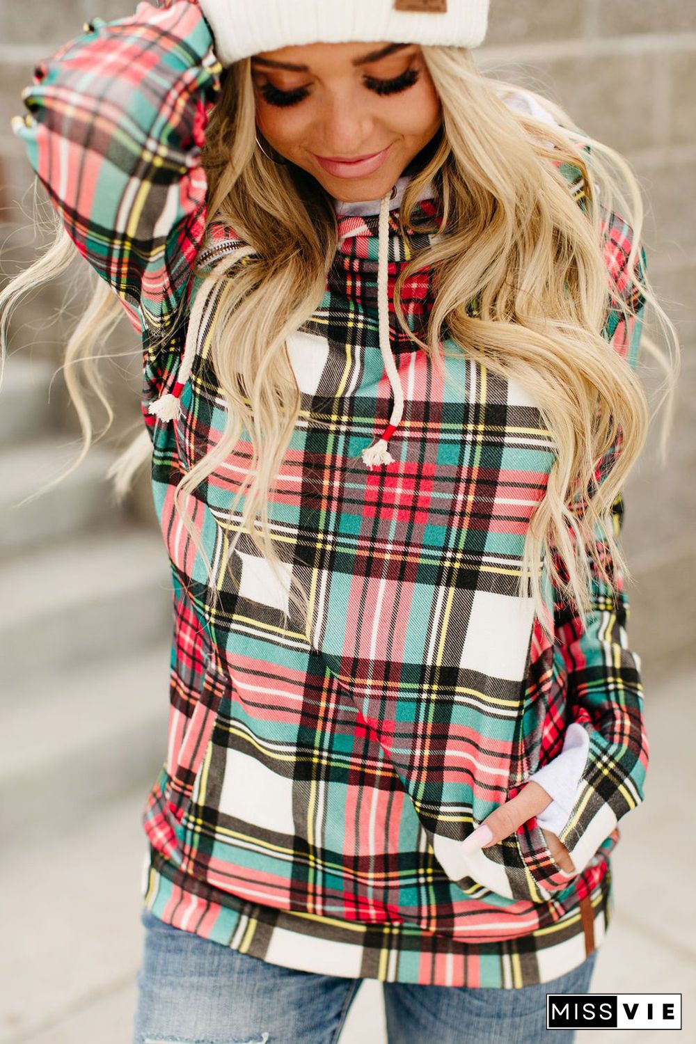 Multicolor Cowl Neck Plaid Drawstring Hoodie with Thumb Hole