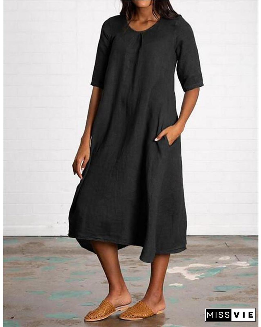 Women's Shift Dress Midi Dress - Half Sleeve Solid Color Summer Hot Casual Cotton Loose Black Blue Red Yellow Green S M L XL XXL 3XL 4XL 5XL Linen Black Dresses