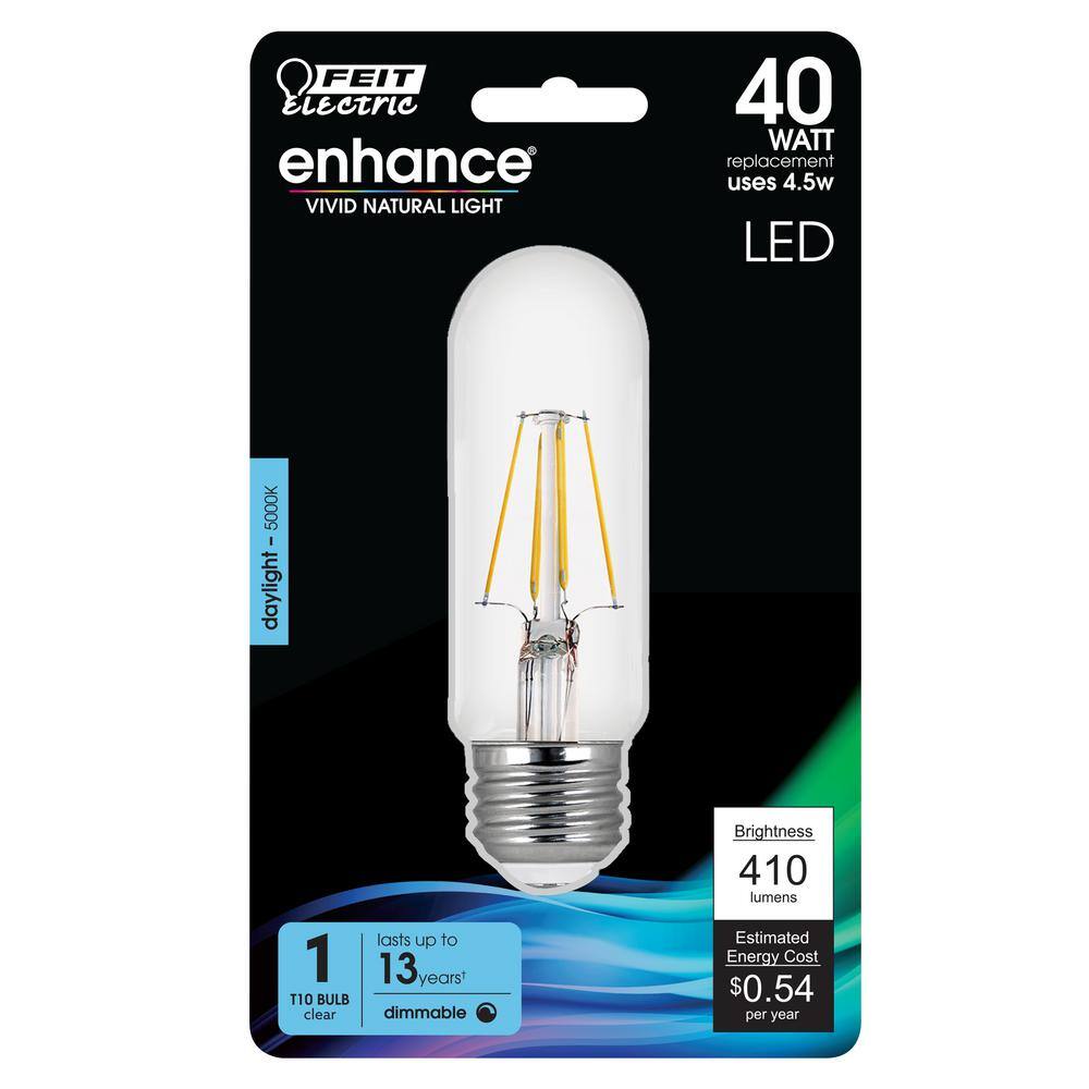 Feit Electric 40-Watt Equivalent T10 Dimmable Filament CEC Title 20 Compliant LED 90+ CRI Clear Glass Light Bulb Daylight BPT1040950CARP