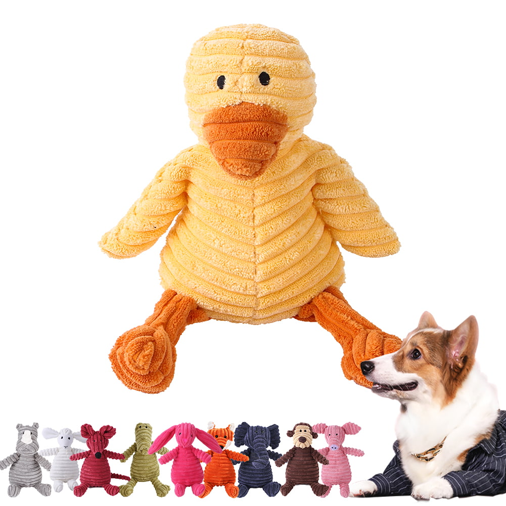 Plush Corduroy Dog Toy， Dog Squeaky Toys， Durable Chew Toys for Puppy and Medium Dogs (Yellow Duck)