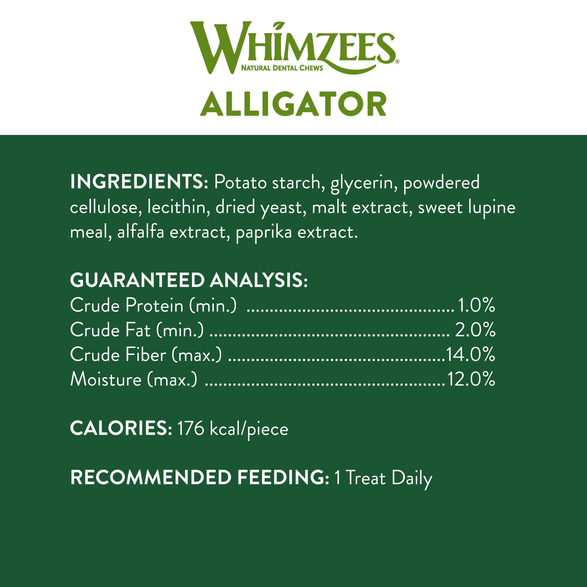 Whimzees Natural Grain Free Daily Dental Long Lasting Alligator Large Dog Treats， 12.7 oz.， Pack of 6