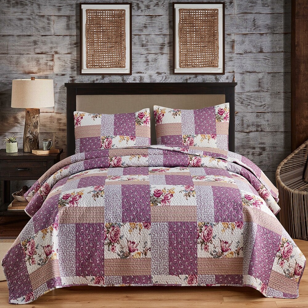 3 Piece Plaid Patchwork Reversible Lightweight Quilt Set