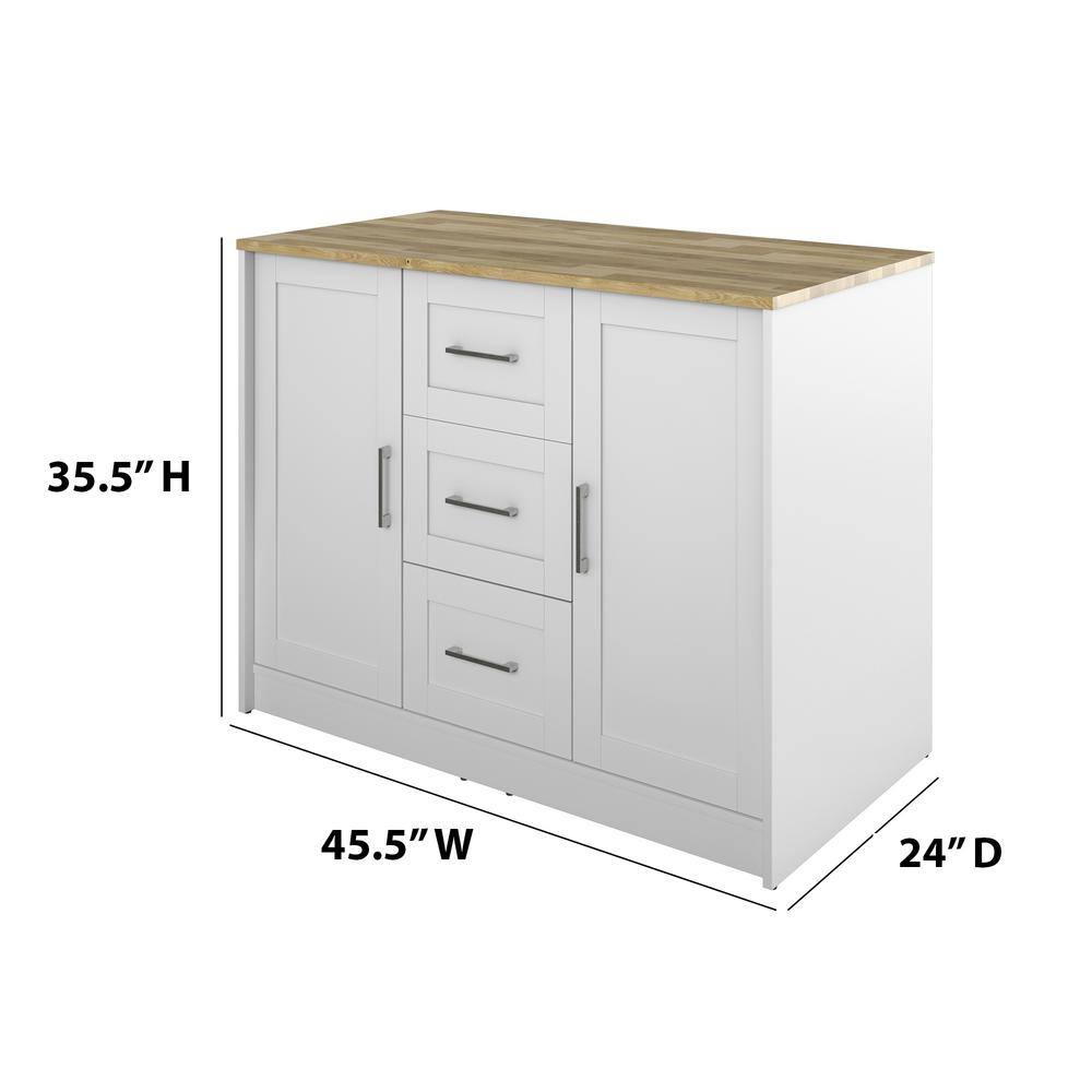 Twin Star Home Brilliant White Wood 45.5 in. Traditional Kitchen Island with Butcher Block Top KI972-PF08