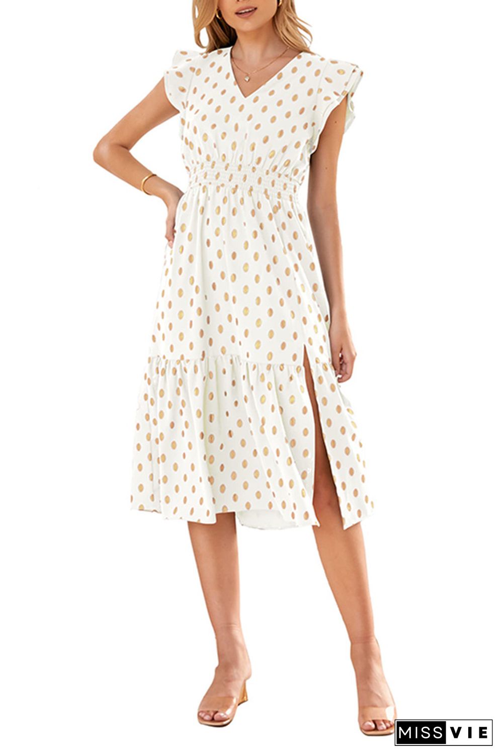 V Neck Foil Spot Print High Waist Midi Dress