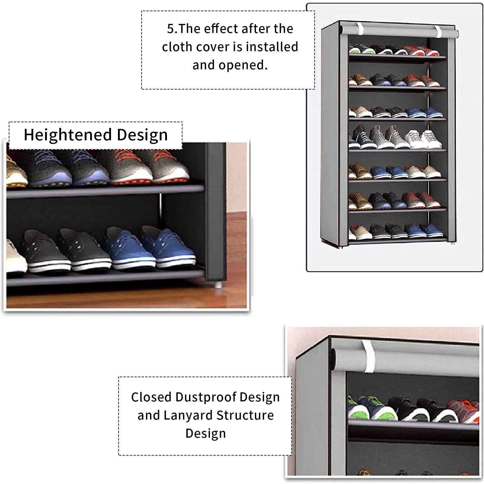 ZUDKSUY Portable Shoe Rack, 10-Tier 27 Paris Shoe Storage Cabinet with Cover, Non-Woven Fabric Shoe Storage Organizer, 9 Lattices Shoe Cabinet Tower Shelf Closet (Grey)