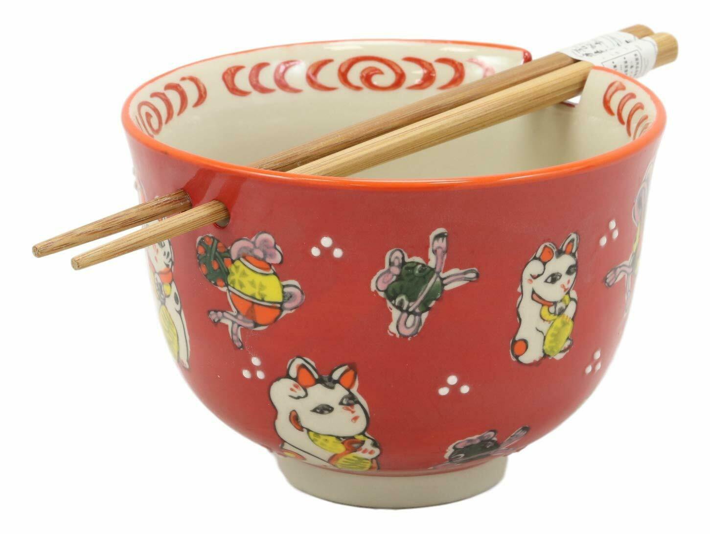 1 Lucky Cat Japanese Maneki Neko Red Porcelain Ramen Soup Bowl With Chopsticks Set EBR02