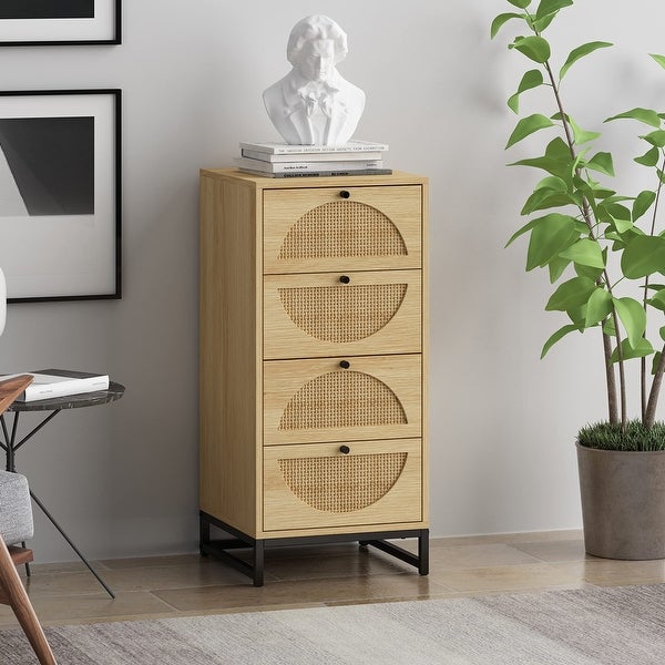 4 Drawer Dresser 40 Tall Bedside Table Accent Storage Cabinet with Semi-Circle Wicker Drawers Rustic Bedroom - as picture - - 37668832