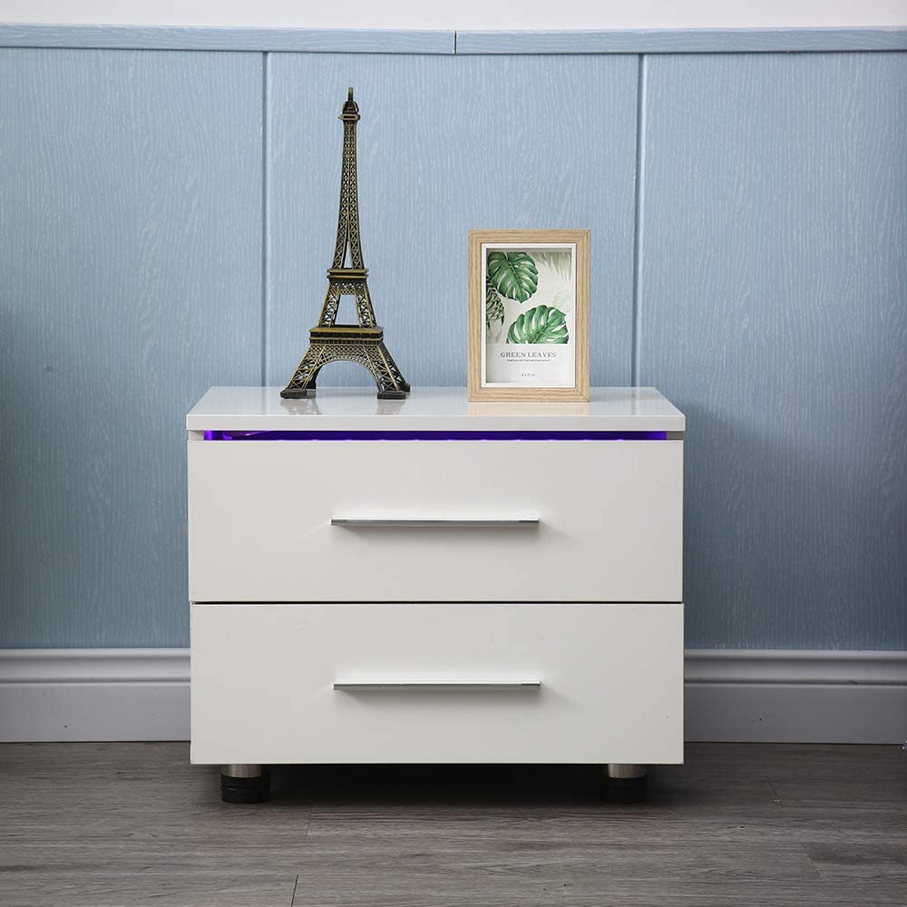 TFCFL 2 Layer End Bedside Table Modern LED Light Nightstand with Drawer Storage White