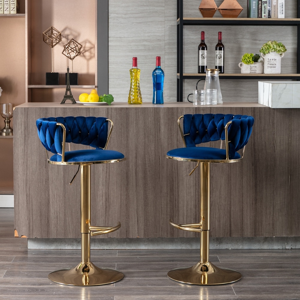 Modern Retro Height Adjustable Counter Chair Swivel Bar Stools Set of 2 with Velvet Woven Backrest Handrail and Footrest