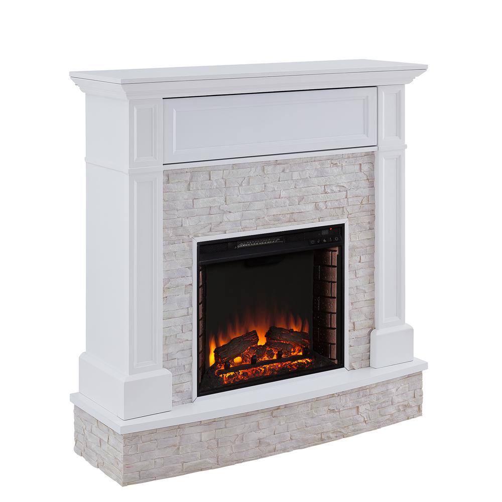 Southern Enterprises Johnna 48 in. Faux Stone Media Electric Fireplace in White HD685205