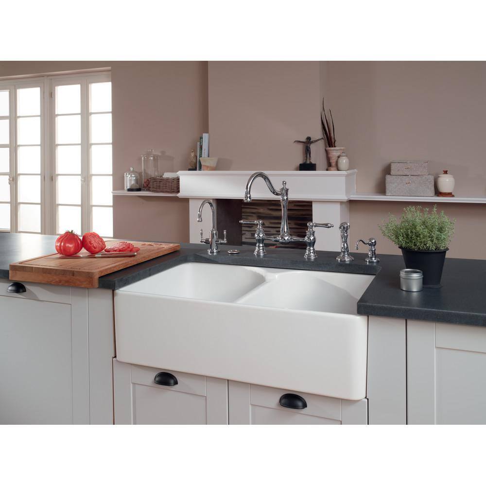 Franke Manor House Farmhouse Apron Front Fireclay 35.625 in. x 21.875 in. 5050 Double Bowl Kitchen Sink in White MHK720-35WH