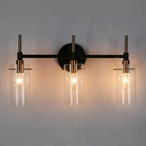 Modern Black Gold Bathroom Vanity Light Dimmable Wall Sconces with Cylinder Glass