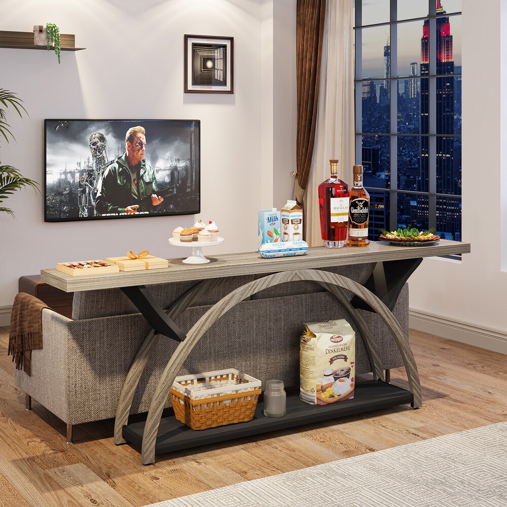 2 Tier Narrow Long Console Sofa Table with Semi Circular Frame for Entryway Gray Hallway Accent Tables