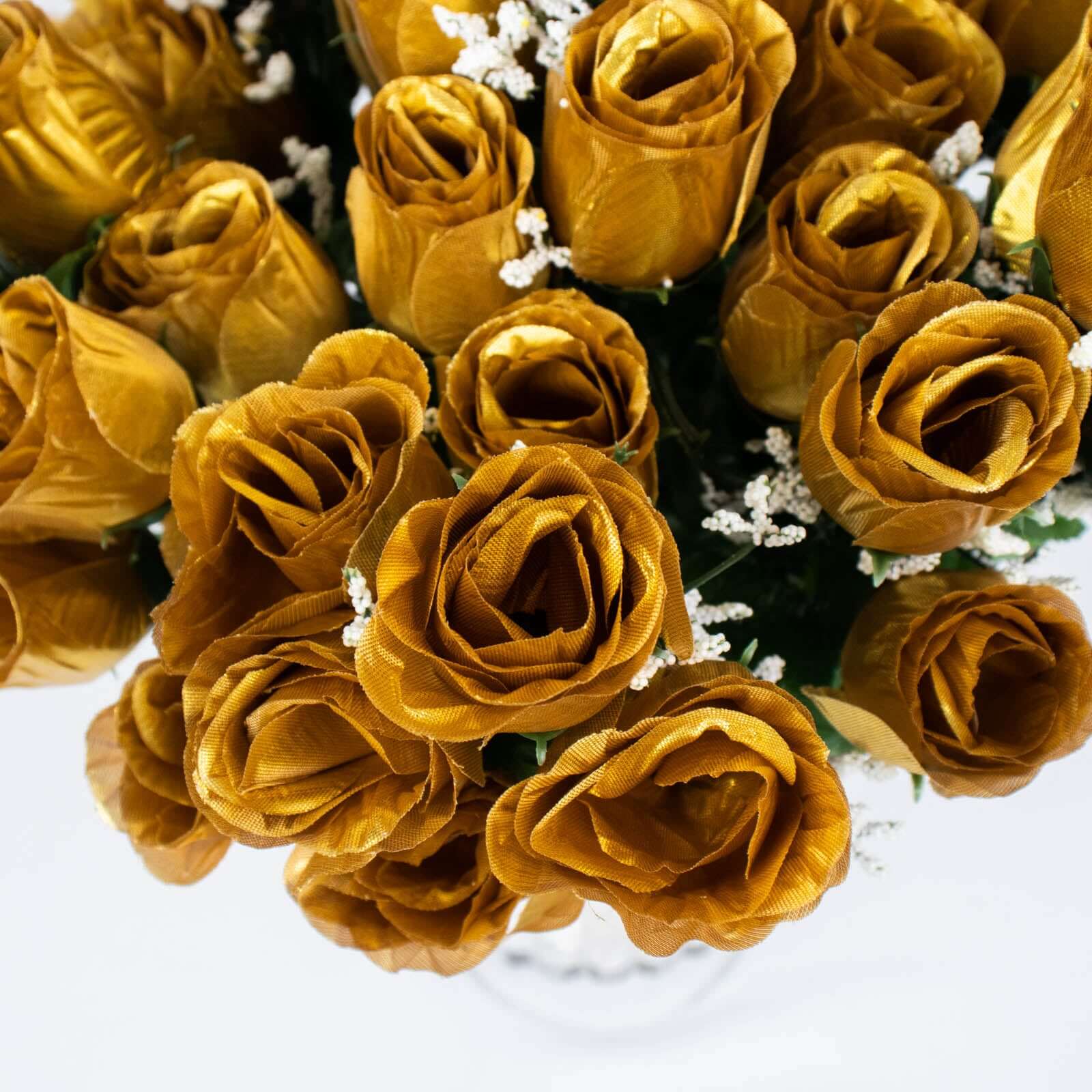 12 Bushes Gold Artificial Premium Silk Flower Rose Bud Bouquets