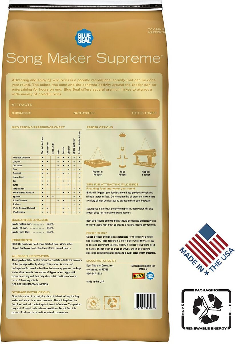 Blue Seal Song Maker Supreme Bird Food， 40-lb bag