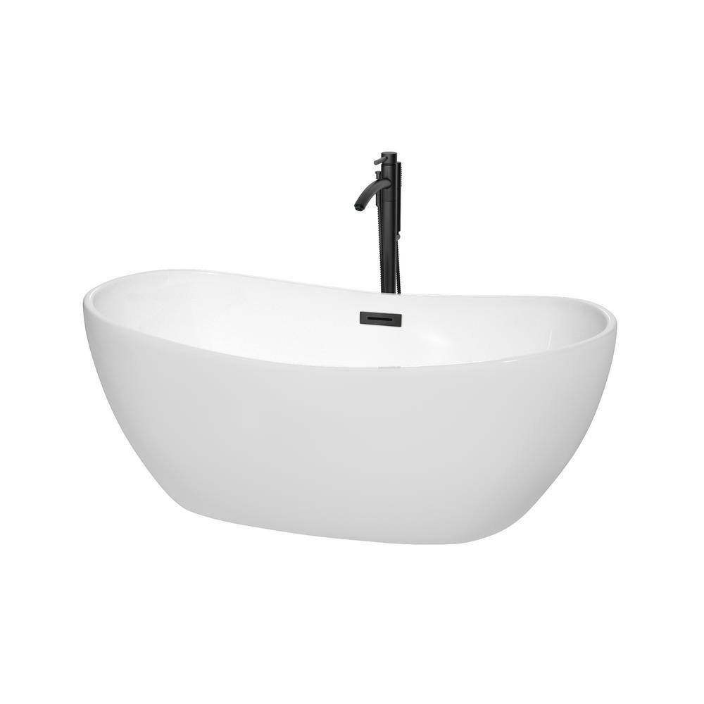 Wyndham Collection Rebecca 60 in. Acrylic Flatbottom Bathtub in White with Matte Black Trim and Faucet WCOBT101460MBATPBK