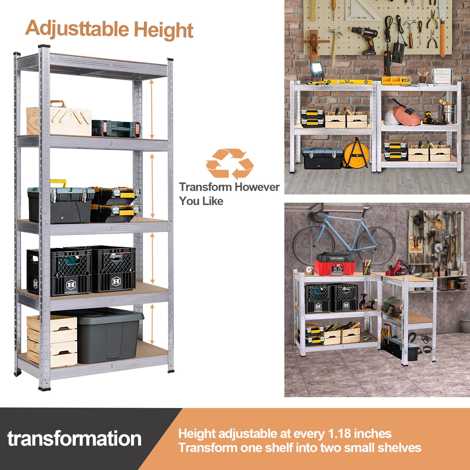 Storage Shelves 5 Tier Adjustable Garage Storage Shelving, JLK-Tek Heavy Duty Metal Storage Utility Rack Shelf Unit for Warehouse Pantry Closet Kitchen, 27.6