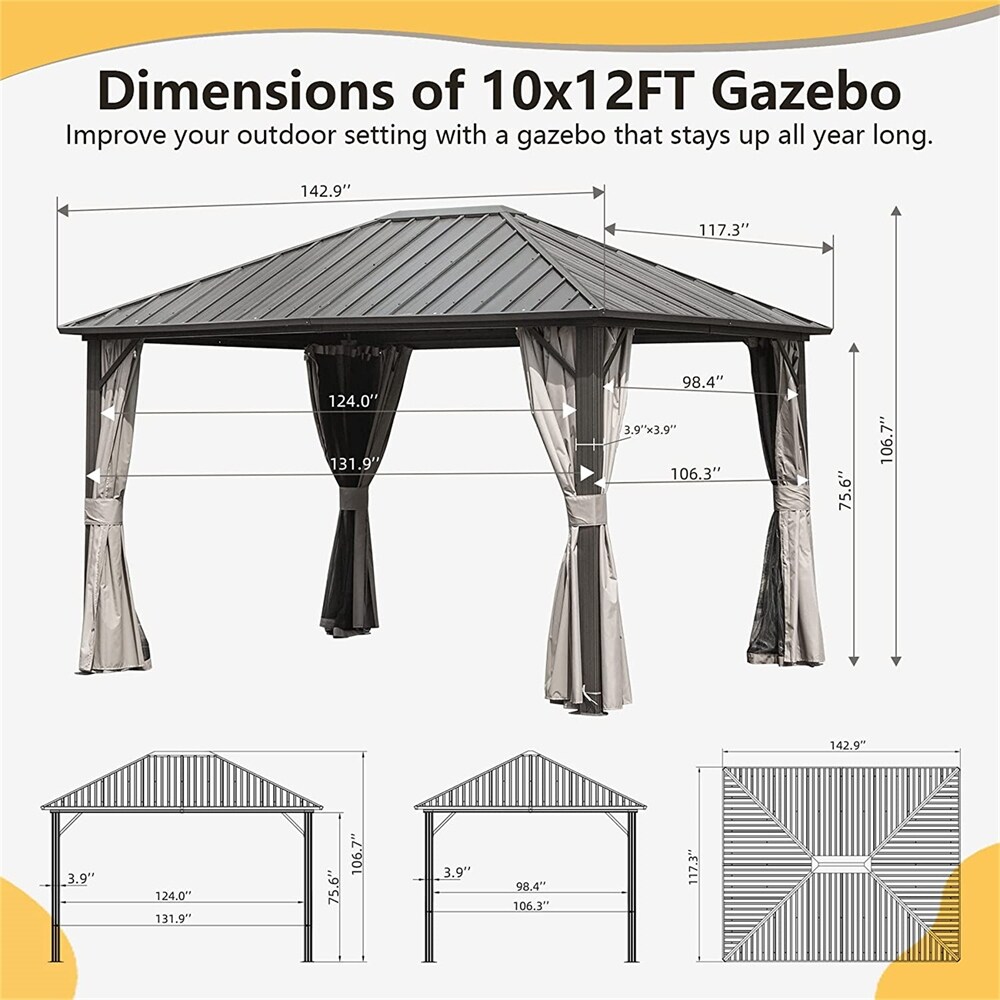 10'x12' Outdoor Galvanized Steel Roof Gazebo w/ Aluminum Frame