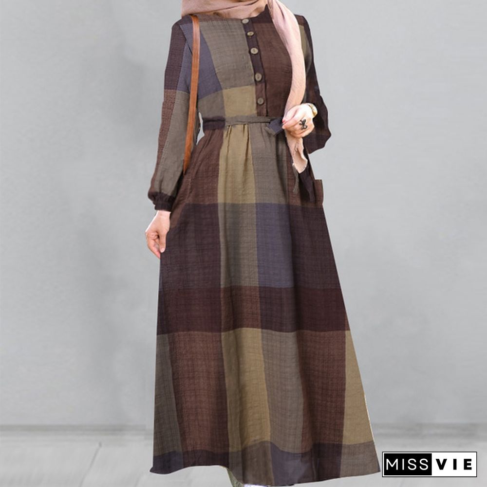 ZANZEA Women Plaid Check Blouson Long Shirt Dress Muslim Casual Party Evening Dresss Plus Size