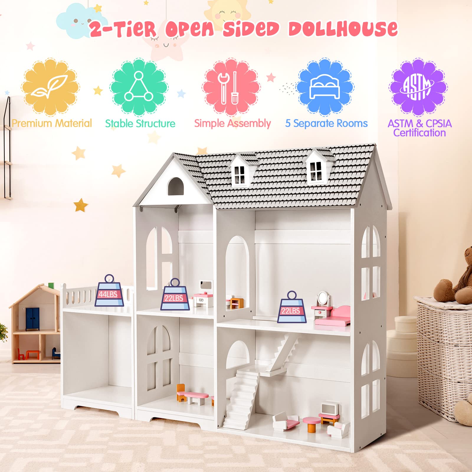 Kids Wooden Dollhouse, 2-in-1 Cottage Dollhouse Bookcase