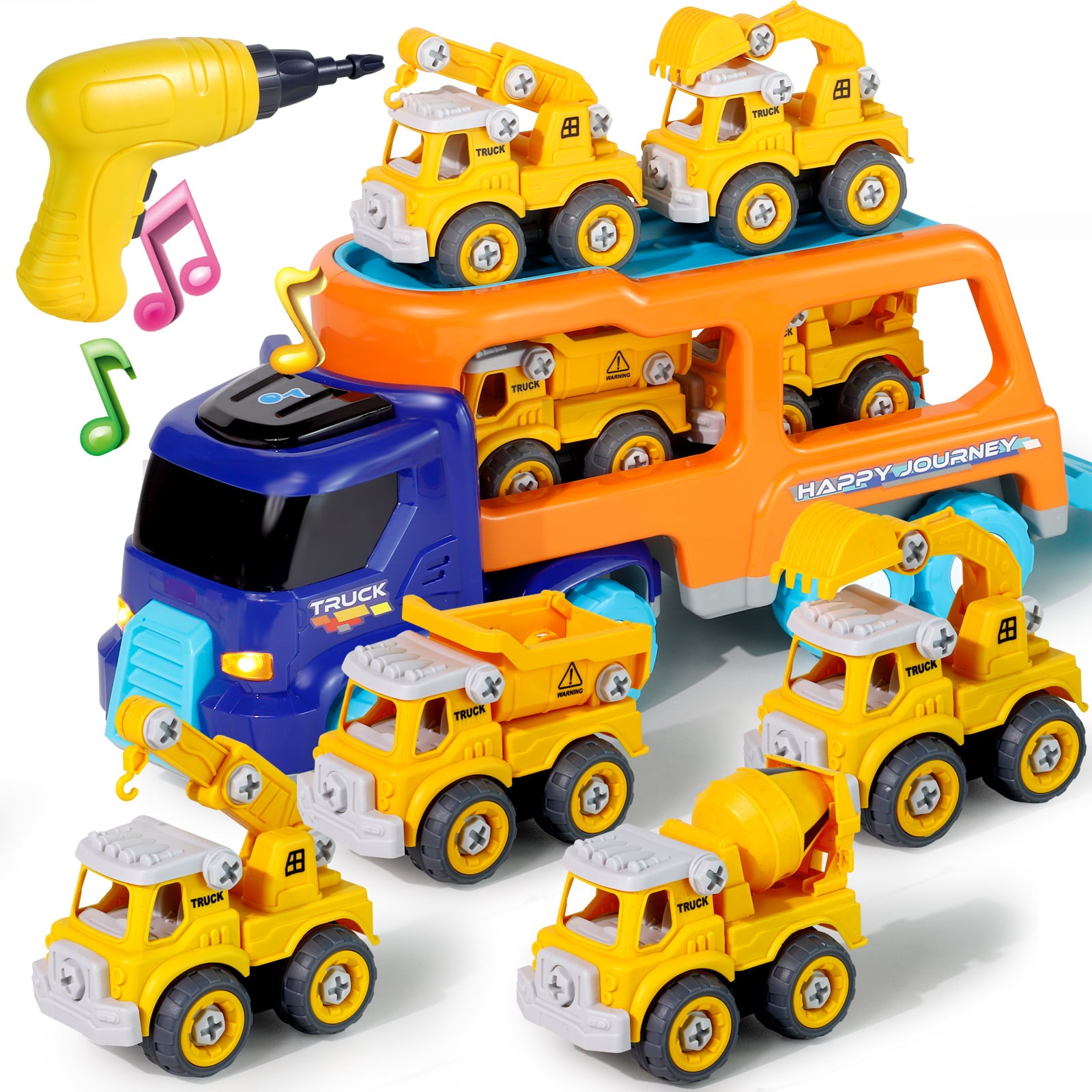 Take Apart Construction Truck Cars Toys for 2 3 4 5 Years Old Toddlers Boys Big Transport Carrier Truck with 4 Small Take Apart Engineering Trucks and Drills Toys with Sound and Light