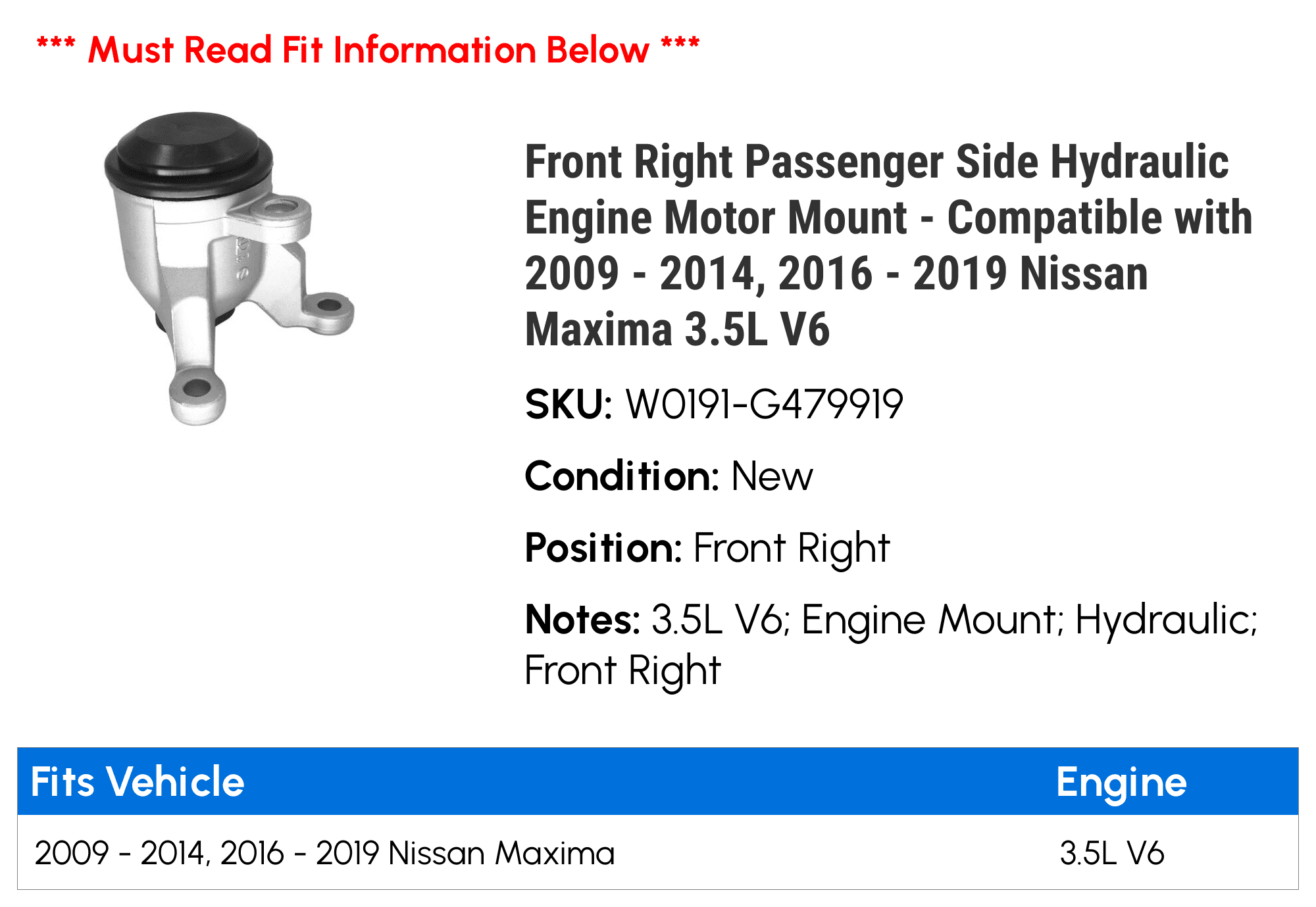 Front Right Passenger Side Hydraulic Engine Motor Mount - Compatible with 2009 - 2014， 2016 - 2019 Nissan Maxima 3.5L V6 2010 2011 2012 2013 2017 2018