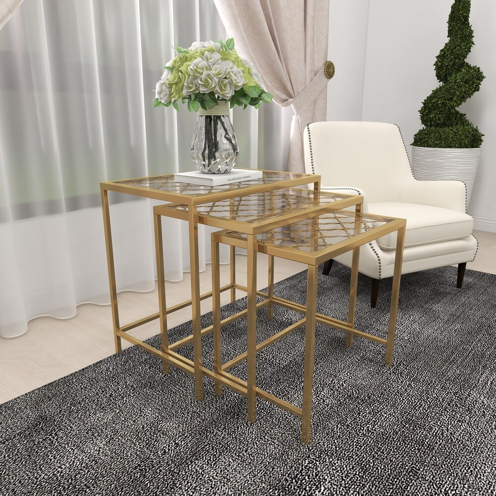 Gold Metal Contemporary Accent Table with Clear Glass Top (Set of 3)